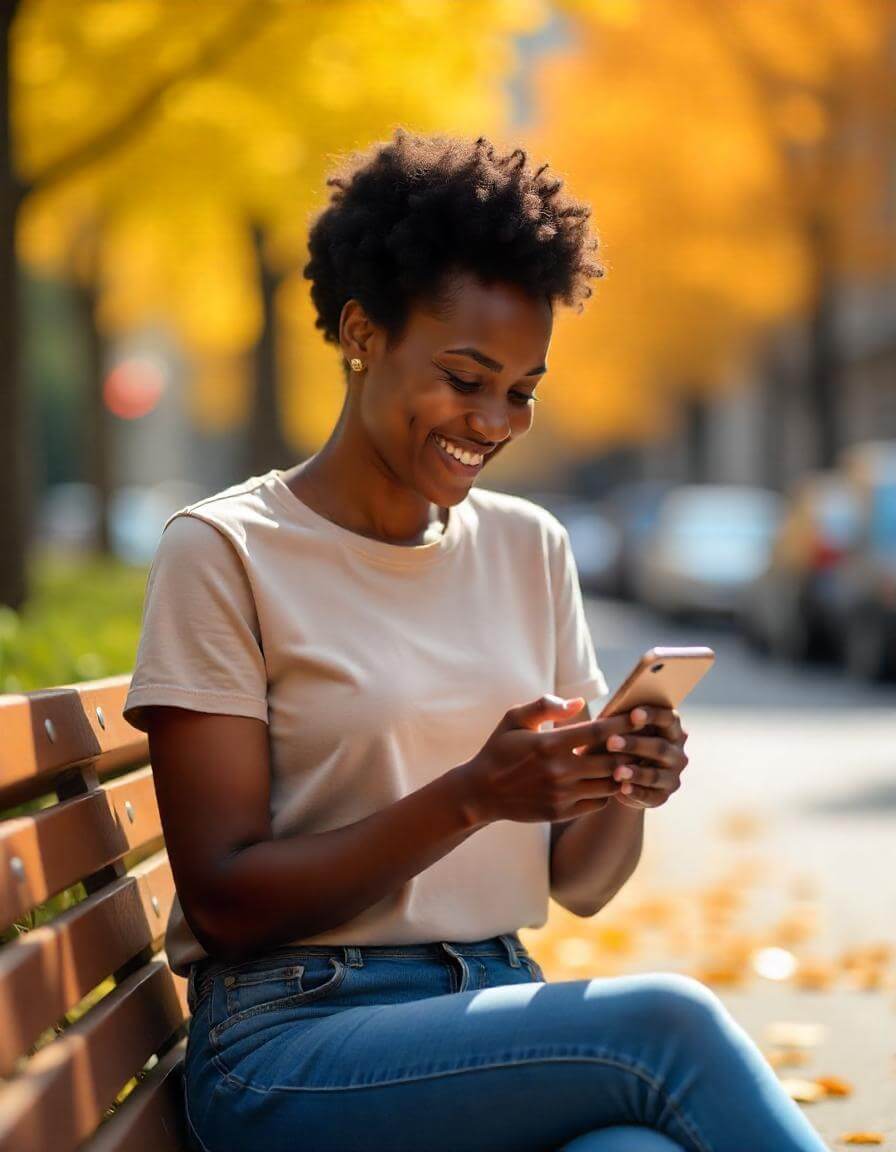 Uma mulher negra sentada em um banco mexendo no smartphone.