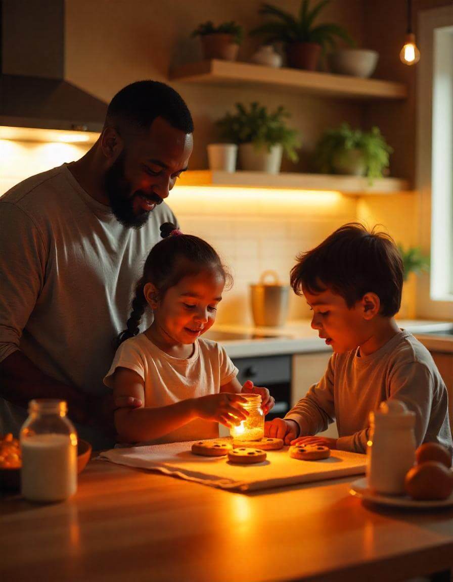 Um homem e duas crianças em uma mesa interagindo